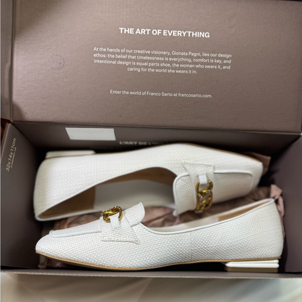Franco Sarto White Textured Leather Loafers with Gold Hardware